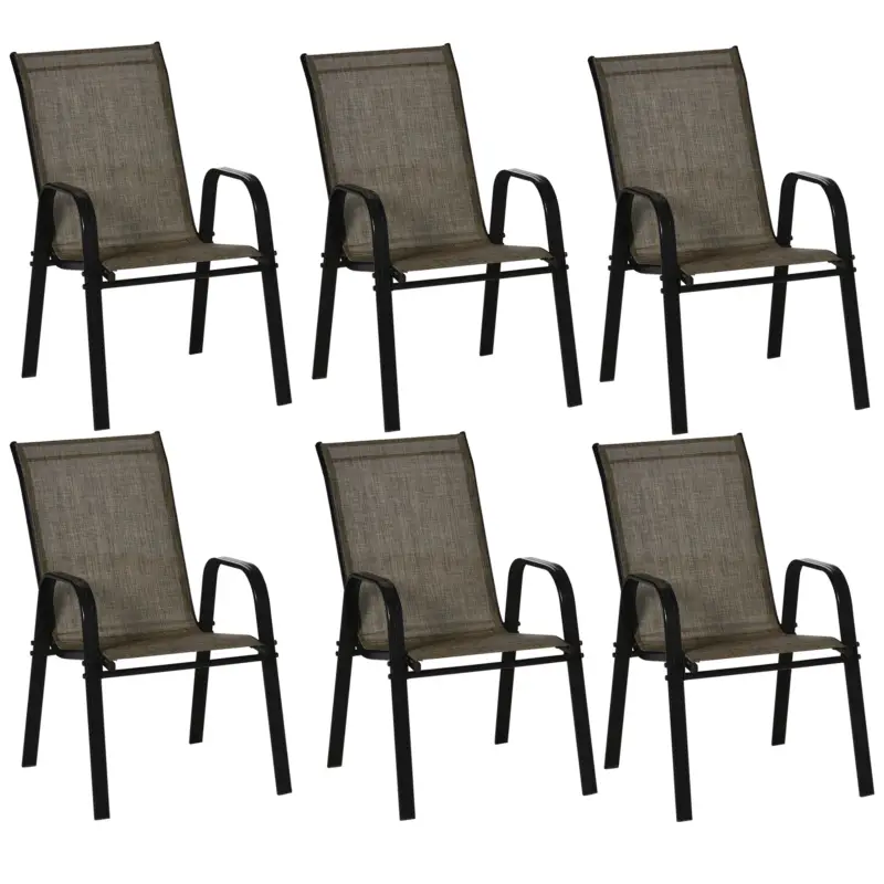 Popular Outsunny Set 6 Piese Scaune de Gradina cu Cotiere, Scaune de Exterior Stivuibile din Metal si Tesatura Respirabila, Maro
