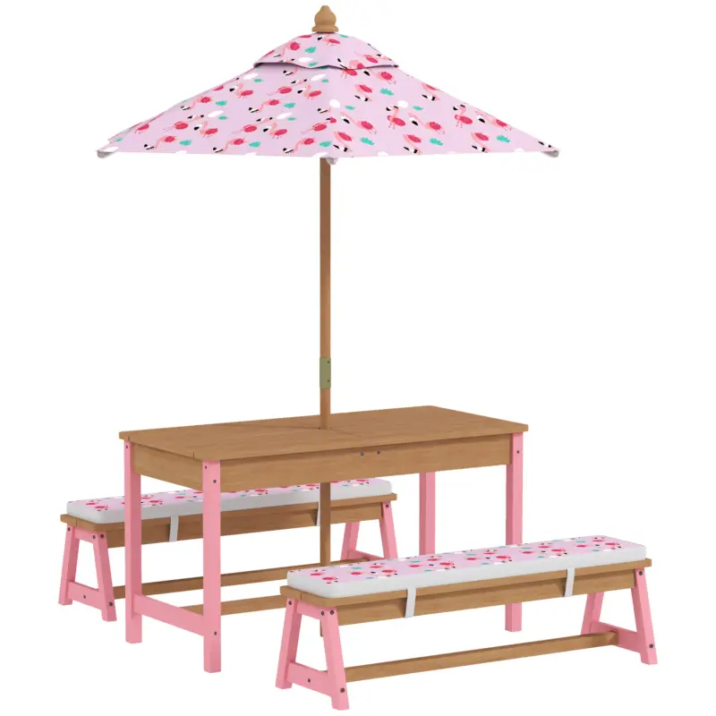 AIYAPLAY Masă de picnic pentru copii cu bănci, perne, umbrelă pliabilă, cutii de depozitare detașabile, model flamingo, roz Retur gratuit