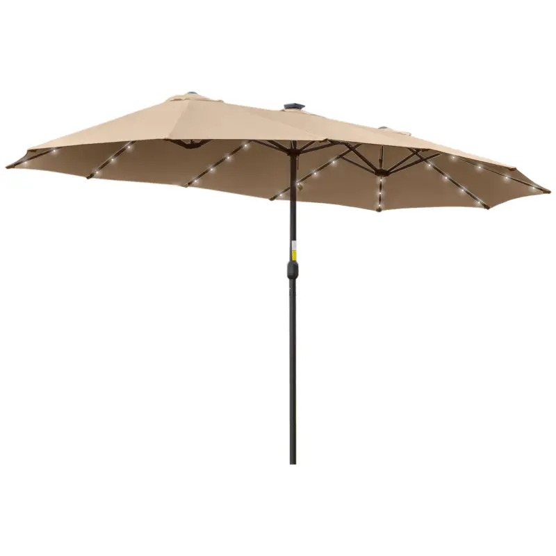 Outsunny Umbrela de soare de Gradina 4,5 m cu 48 de Lumini LED cu Energie Solara, Umbrala de Soare Dublă cu Manivela, Kaki Promoție