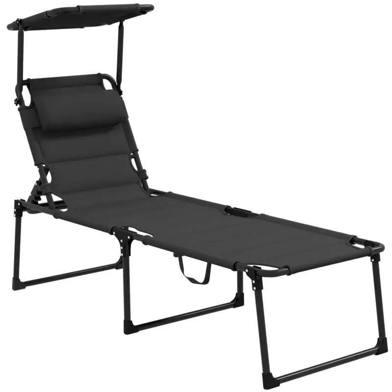 Outsunny Șezlong pliabil cu copertină, pernă pentru cap reglabilă din material Oxford 70 x 200 x 45 cm, negru Premium