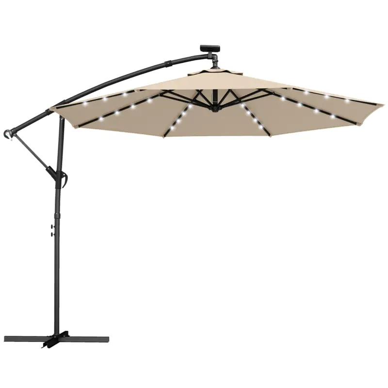 Outsunny Umbrelă cu braț lateral LED Solar cca. Ø300 cm Rotativă Umbrelă cu manivelă Suport Husă de protecție Bej Livrare gratuită