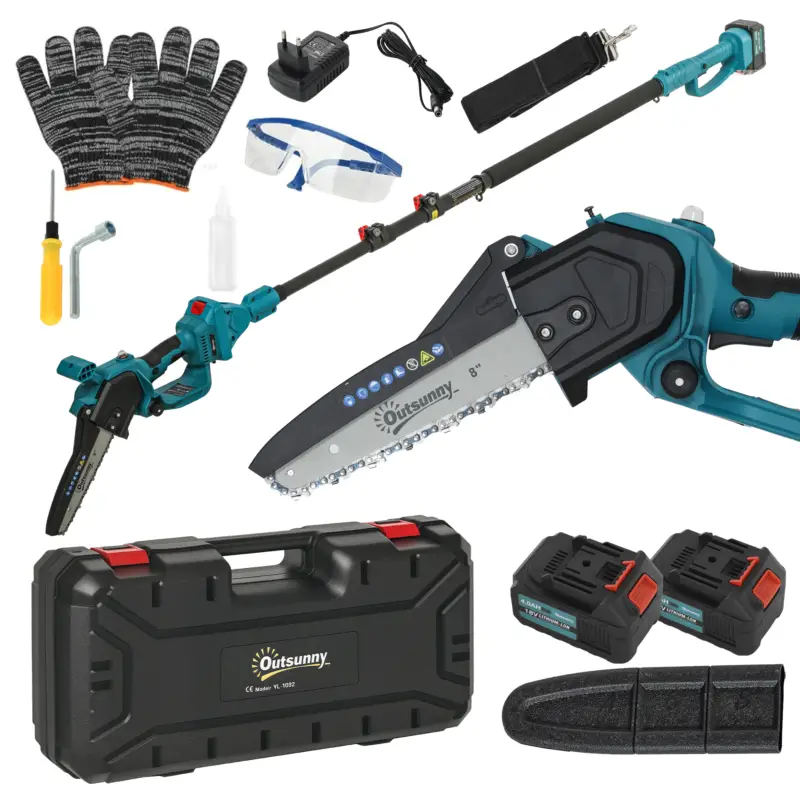 Preferatul clienților Outsunny Ferăstrău cu Acumulator 2 în 1 cu Tijă Telescopică și Motor Brushless Albastru