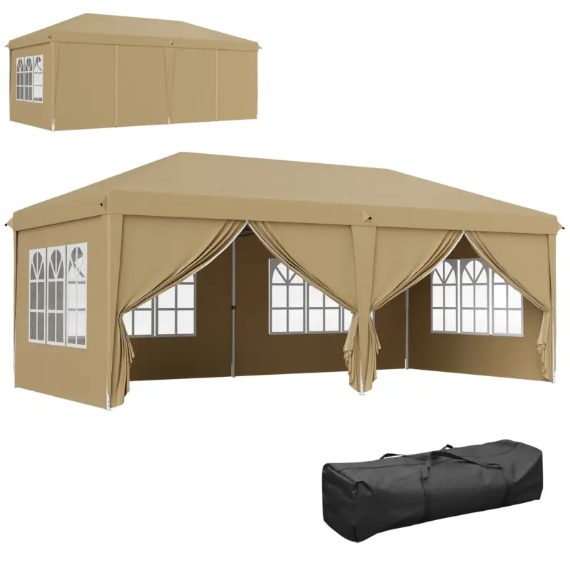 Vezi acum Outsunny Pavilion barnum pliant pop-up impermeabil 6 x 3 x 2,7 m 4 pereți laterali detașabili 4 ferestre husă de transport kaki