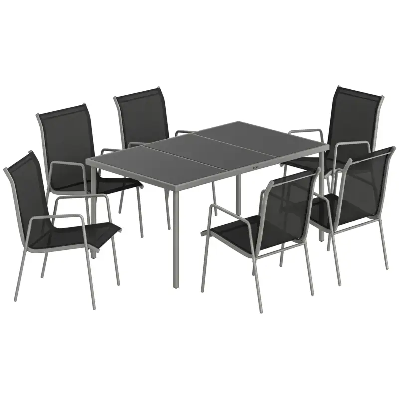 Plată securizată Set mobilier de grădină Outsunny, 7 piese, cu 6 scaune stivuibile din Textilenă și masă cu blat din sticlă, Negru și Argintiu