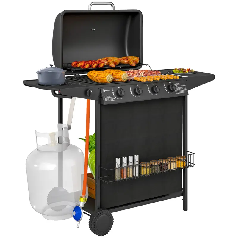 Cumpără online Outsunny Grătar pe Gaz cu Capac, Termometru, Măsuță Laterală și Tavă pentru Colectarea Grăsimii, 121x54x97 cm, Negru
