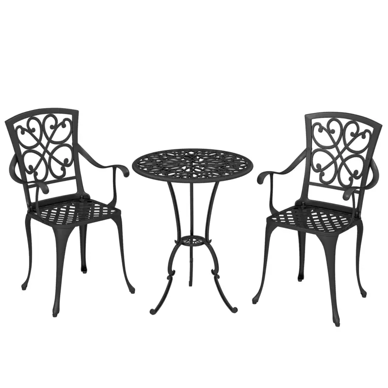 Cel mai bun preț Outsunny Set bistro de grădină 3 piese masă bistro rotundă cu 2 scaune orificiu pentru umbrelă, antic din aluminiu turnat
