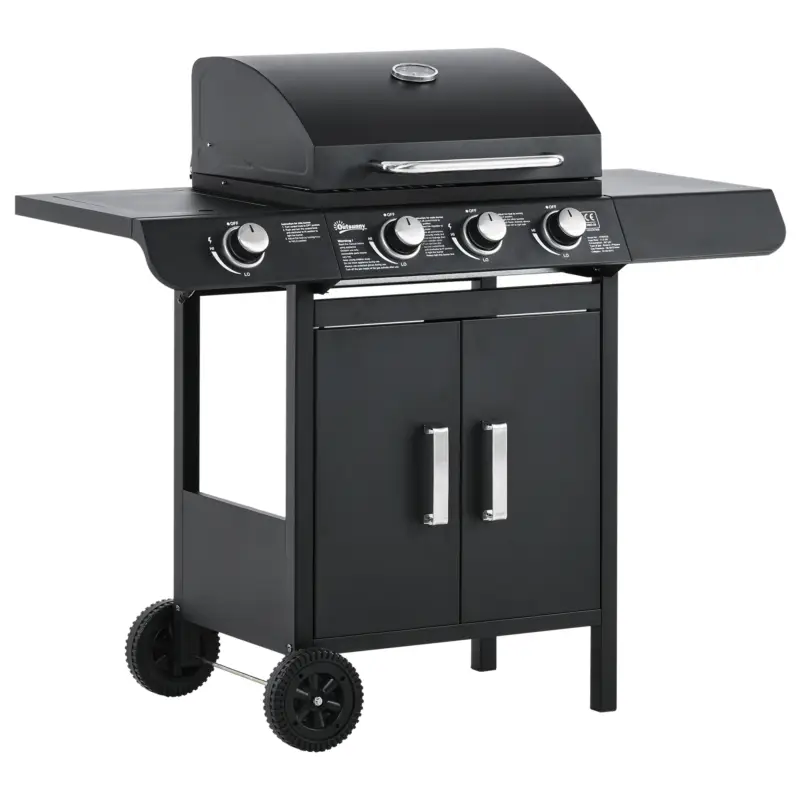 Outsunny Gratar pe gaz cu Capac si Termometru, Raft si 2 Roti, 110x50x100cm Negru Reducere de preț