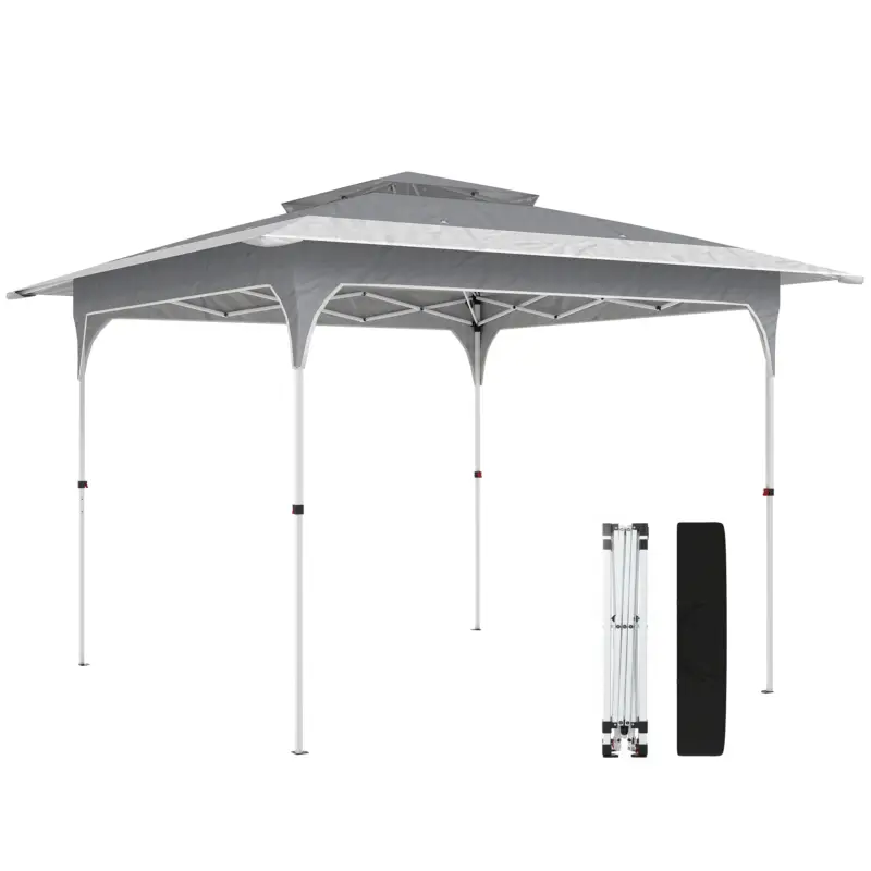 Outsunny Pavilion Pop-Up pliabil 3.5x3.5 m cu acoperiș dublu și geantă, din metal și material Oxford, gri închis Livrare gratuită