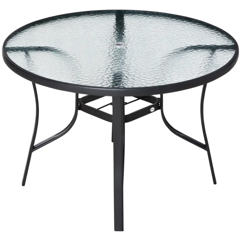 Outsunny Masa de Gradina Rotunda cu Orificiu pentru Umbrela, din Otel si Sticla, Ø106.5x71 cm, Negru Reducere extra