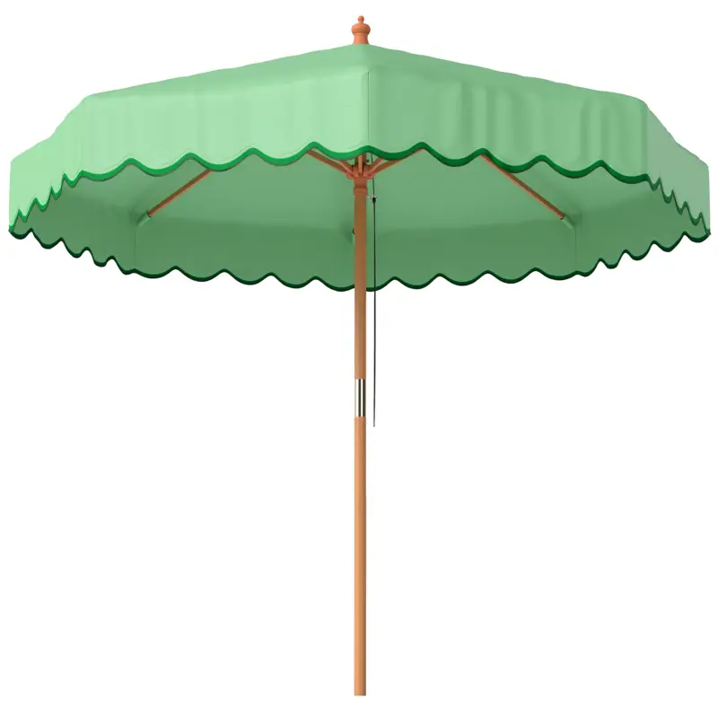 Ofertă exclusivă Outsunny Umbrelă de Grădină Rotundă cu Volane Retro Chic Aspect Lemn Protecție Solară UV 230 cm Verde Deschis