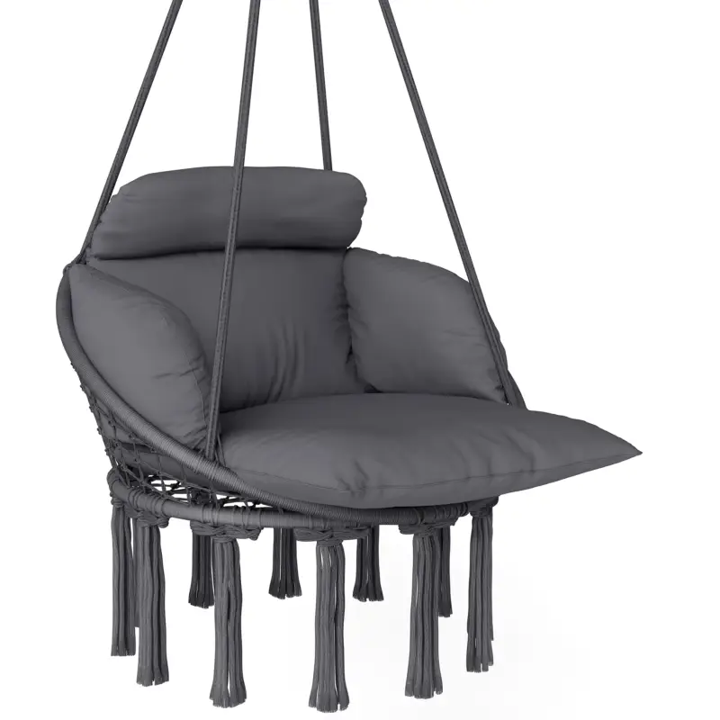 Retur ușor Outsunny Scaun suspendat cu pernă mare umplută hamac fotoliu suspendat cu franjuri kit de suspendare 80 x 60 x 40 cm gri închis
