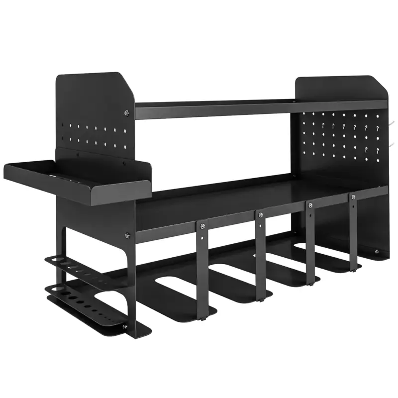 Outsunny Organizer pentru unelte de grădină 2-niveluri Suport scule cu cârlige Tăviță laterală până la 50 kg 61,8 x 23 x 32,7cm Negru Cumpărături sigure