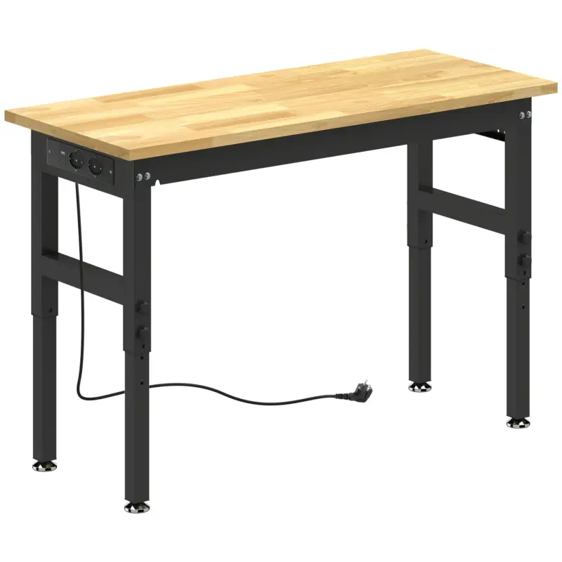 HOMCOM Masă de Lucru Reglabilă 122 cm, Blat Robust din Lemn de Cauciuc, 2 Prize AC și 2 Porturi USB, Panou Perforat, Capacitate 900 kg, pentru Garaj, Atelier și Casă Noutate