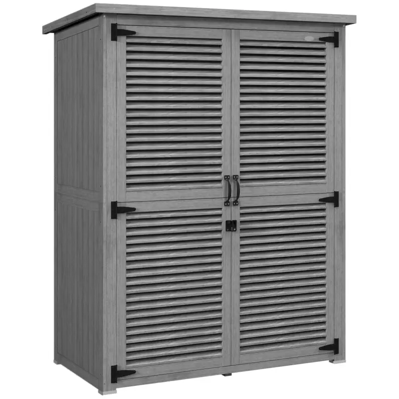 Outsunny Dulap de Grădină 0,83 m² 127x65x168 cm cu 2 Uși tip Oblon 2 Rafturi 2 Mânere și Acoperiș Impermeabil Gri Reducere extra
