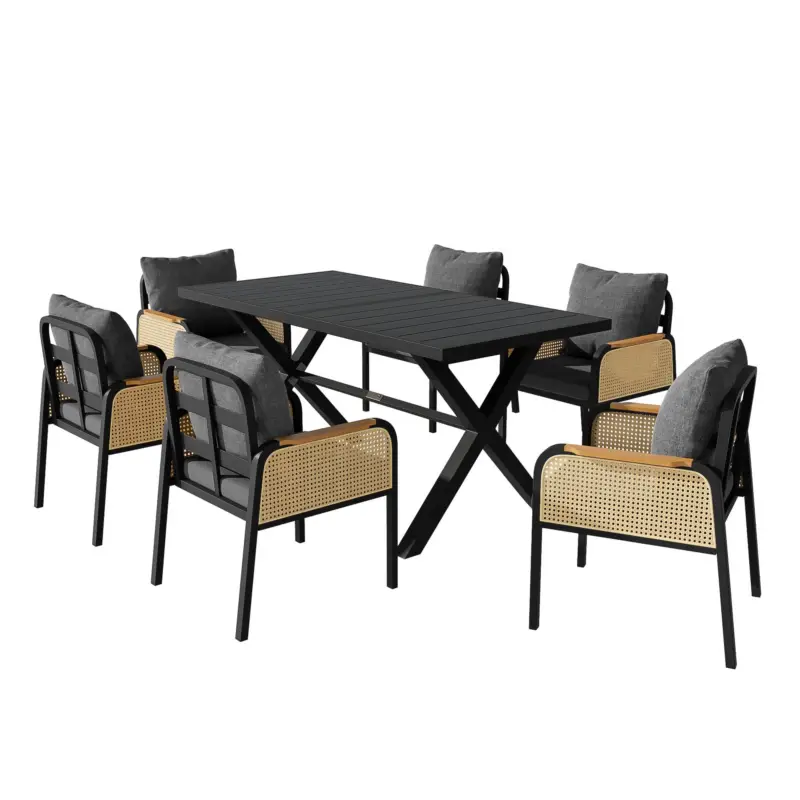 Set modern de masă pentru grădină și terasă, 6 piese, cu cadru din fier în formă de cruce, Negru+Culoare naturală Cumpărături sigure
