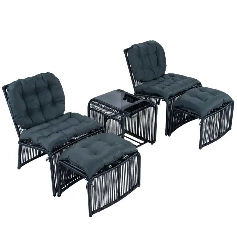 Premium Set mobilier de grădină de exterior în 5 piese, set lounge pentru balcon cu 2 scaune, 2 taburete și masă cu blat din sticlă, Negru+Gri