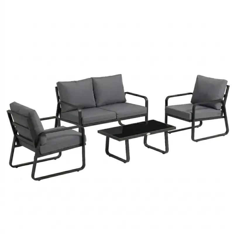 Expediere rapidă Outsunny Set mobilier de grădină 4 piese cu perne detașabile foarte groase 10 cm masă de cafea din sticlă securizată Negru