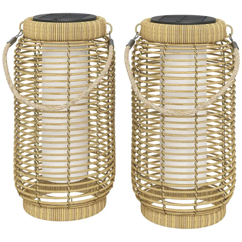 Outsunny Set de 2 Lampadare Exterioare Solare din Rășină Împletită, Lumină LED de Grădină din Oțel, Pornire/Oprire Automată Bej nisip Ofertă exclusivă
