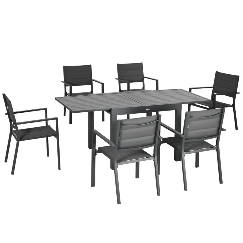 Cel mai vândut Outsunny Set Mobilier Grădină din Aluminiu, 7 Piese, Masă Extensibilă și 6 Scaune Ergonomice, Material Tip Plasă Rezistent la Intemperii, Gri