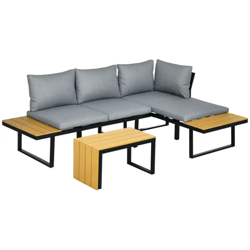 Outsunny set mobilier grădină 3 persoane, perne de ședere, cadru aluminiu, aspect lemn, gri natural Chilipir