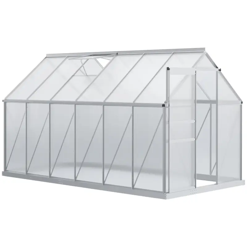 Cumpără online Outsunny Seră de Grădină din Policarbonat 7,1 m² dim. 1,9L x 3,75l x 1,99 m cu Fundație, Fereastră de Ventilație Reglabilă, Ușă Glisantă - Argintiu și Transparent