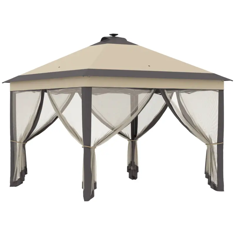 Outsunny Cort pliabil cu lumini LED 330x330 cm Pavilion de grădină cu telecomandă cu 4 plase anti-țânțari Înălțime reglabilă Bej Promoție
