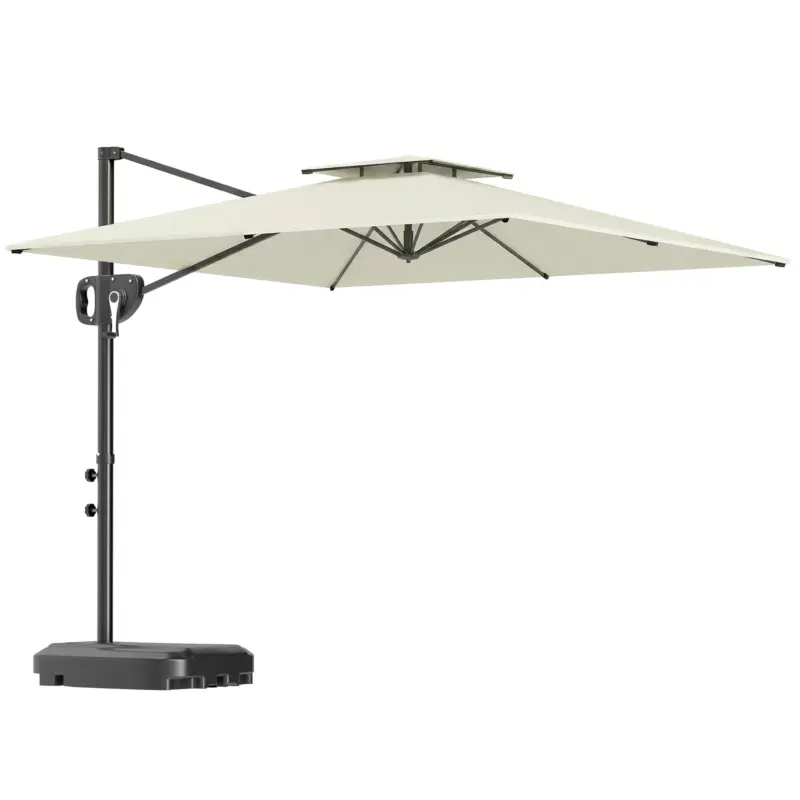 Vezi acum Outsunny Umbrelă cu braț lateral pătrată 2,5 x 2,5 m, umbrelă pentru grădină exterioară, dublă ventilare, înclinabilă, 2 baze, manivelă, Crem