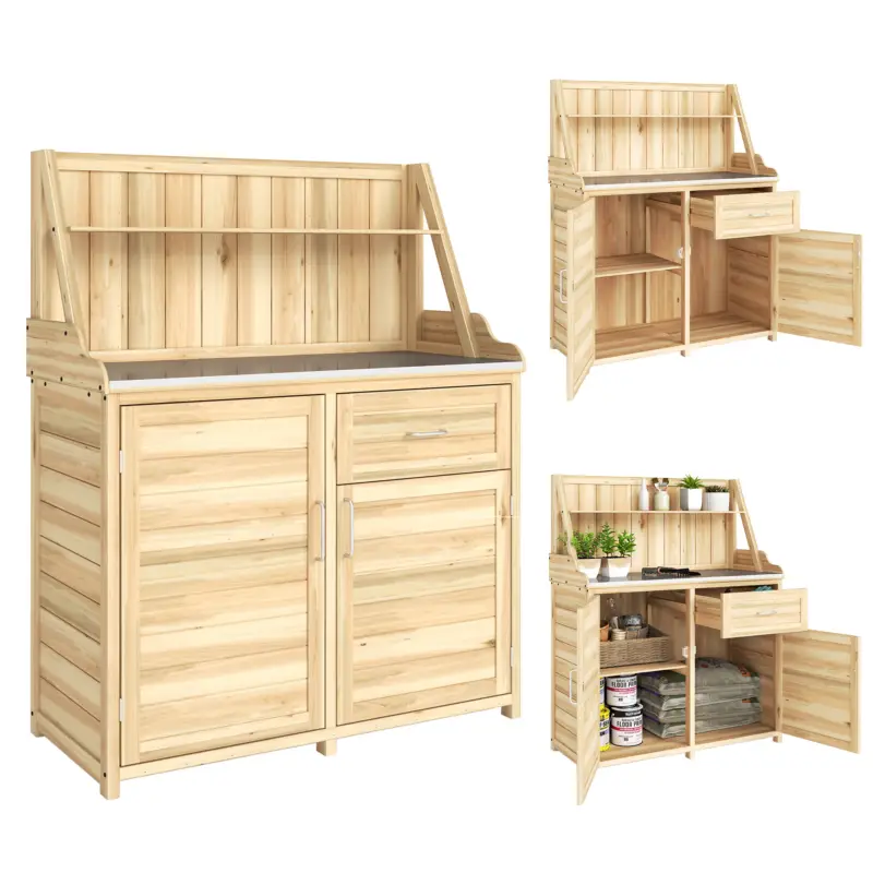 Reducere Outsunny Dulap de Grădină din Lemn cu Blat din Metal Galvanizat Sertar și Etajeră 100x45x129,5cm Natural