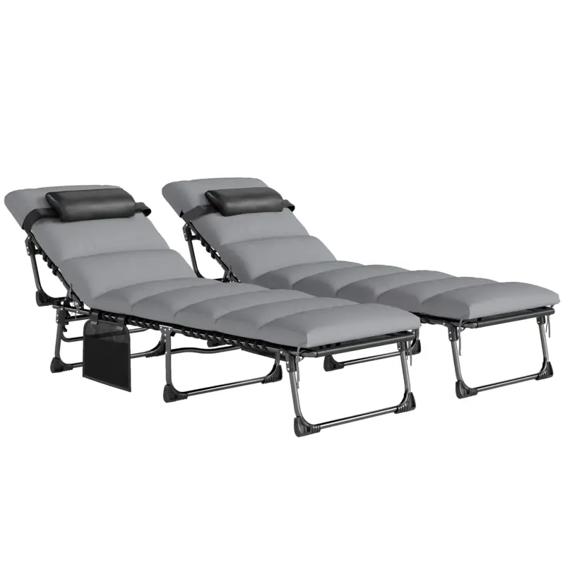 Preț promoțional Outsunny Set de 2 șezlonguri de grădină cu saltea 9cm Pliabil Spătar reglabil 5 poziții Pernă cap 200cm Gri