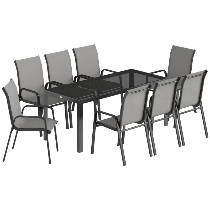 Outsunny Set de Masă de Grădină 9 Piese, Masă și Scaune pentru 8 Persoane, Set Exterior cu Blat din Sticlă Temperată, Gri Noutate
