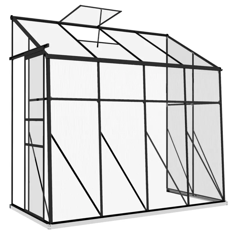 Outsunny Seră de perete, seră de grădină din policarbonat, cu ușă culisantă, vent de acoperiș, fundație, 127 x 253 x 240 cm negru Ofertă limitată