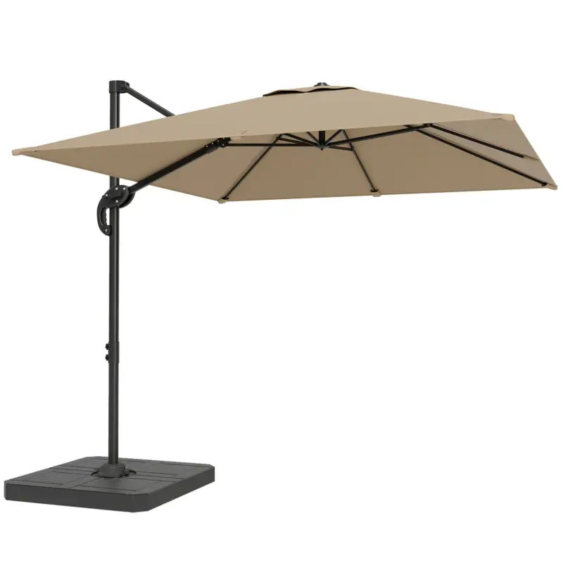 Outsunny Parasol cu braț lateral pătrat parasol de grădină exterior bază și plăci de umplere stâlp aluminiu protecție UV50+2,4x2,4m kaki Chilipir