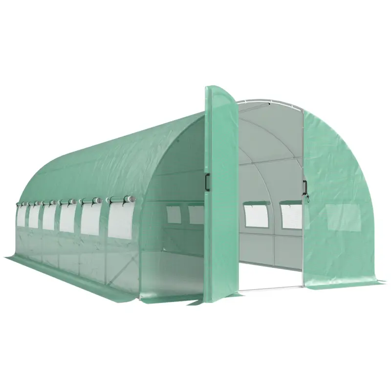 Cel mai bun preț Outsunny Sera tunel pentru grădină 18m², sera tunel cu uși și 12 ferestre cu plasă, 295x597x200cm, verde