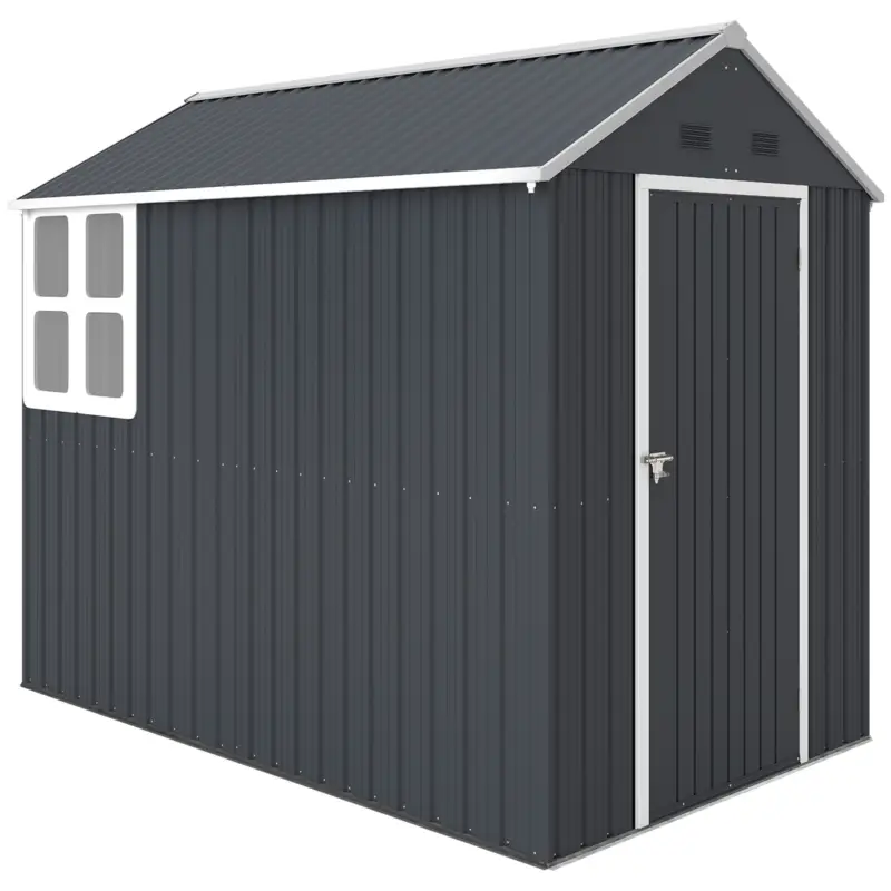 Outsunny Magazie de Gradina din Otel Galvanizat si PP cu 4 Guri de Aerisire si Fereastra, 259x171x222 cm, Gri si Alb Chilipir