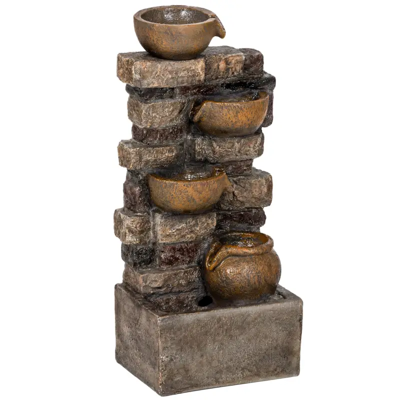 Outsunny Fântână de grădină cu iluminare LED pompă fântână decorativă în cascadă cu 5 niveluri flux reglabil maro rustic Reducere extra
