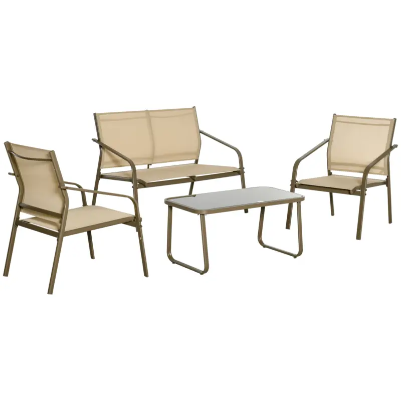 Set Mobilier de Gradina din 4 piese Outsunny, Salon in aer liber cu 2 Scaune, 1 Canapea si 1 Masuta de Cafea din Metal si Texteline, Kaki Reducere