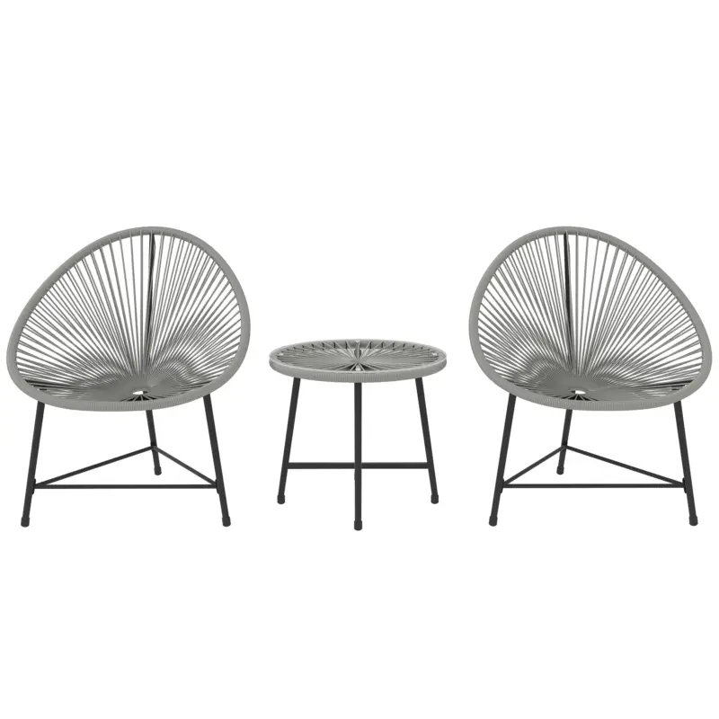 Outsunny Set mobilier de grădină 3 piese, 2 scaune din ratan plastic, 1 masă cu blat din sticlă, cadru din oțel, mobilier de exterior, Gri Chilipir