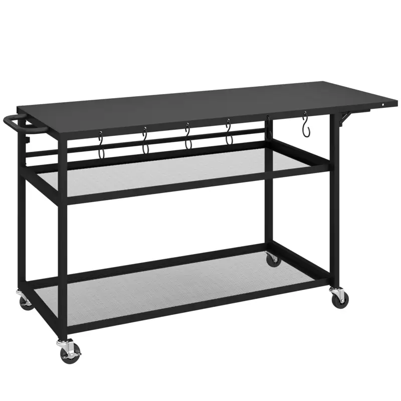 Preț redus Outsunny Măsuță de grădină cărucior de grătar pe roți cu Blat Lateral Pliabil, Trei Rafturi, 133 x 48,5 x 82 cm, Negru