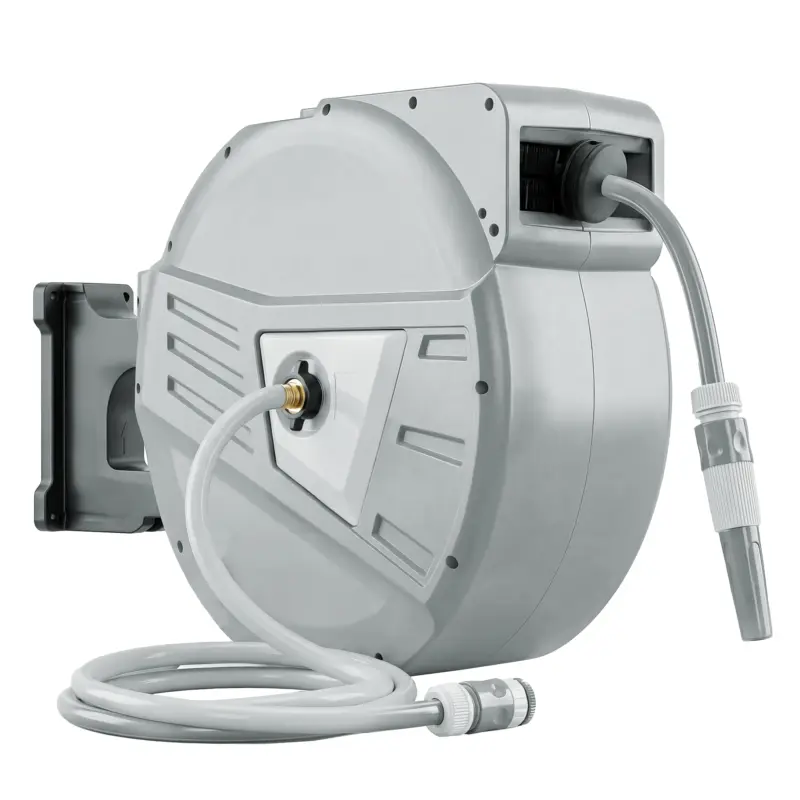 Ofertă limitată Outsunny Tambur furtun de perete 40+2 m x Ø 15mm, tambur pentru furtun de apă retractabil automat pivotant la 180°, Gri