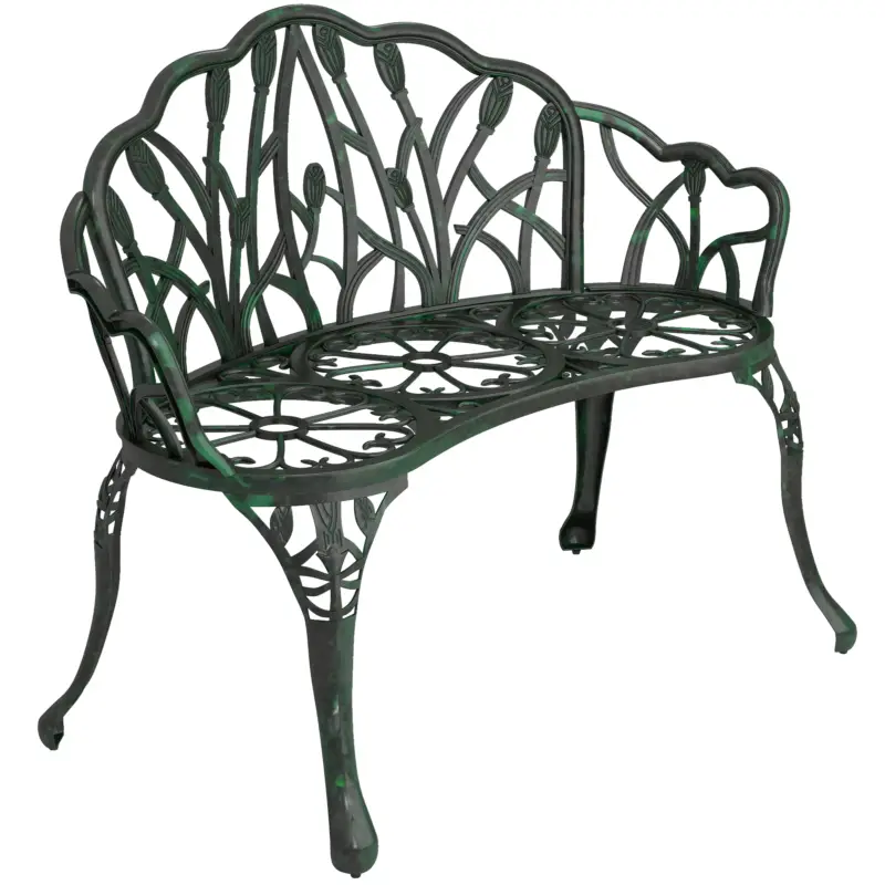 Expediere rapidă Outsunny Banc de grădină din aluminiu turnat, banc exterior 2 locuri cu spătar lalea, șezut floral, 99x57x78cm, vert antique