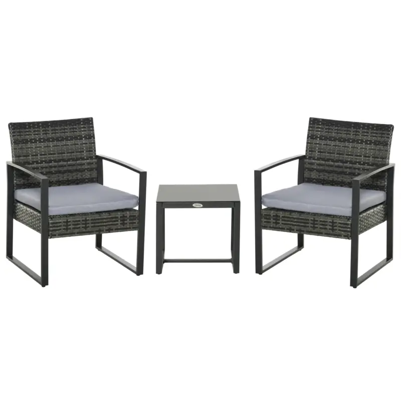 Livrare gratuită Set de mobilier de grădină Outsunny din ratan pentru 2 persoane, Set de mobilier de balcon din poliratan, Set de mobilier de balcon cu pernuțe, Grădină Gri