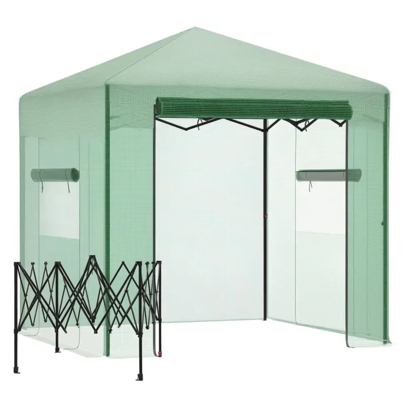 Plată securizată Outsunny Seră Seră Seră cu Ușă și Fereastră Rulante PE Oțel Verde Închis 238 x 178 x 240 cm