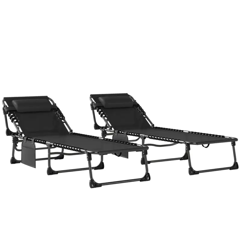 Outsunny Set de 2 Șezlonguri de Grădină Pliabile, Reglabile pe 5 Niveluri, cu Perne, Șezlonguri Textilenă cu Buzunar Lateral, Mâner, pentru Plajă, Piscină, 57x200x38 cm, Negru Nu rata