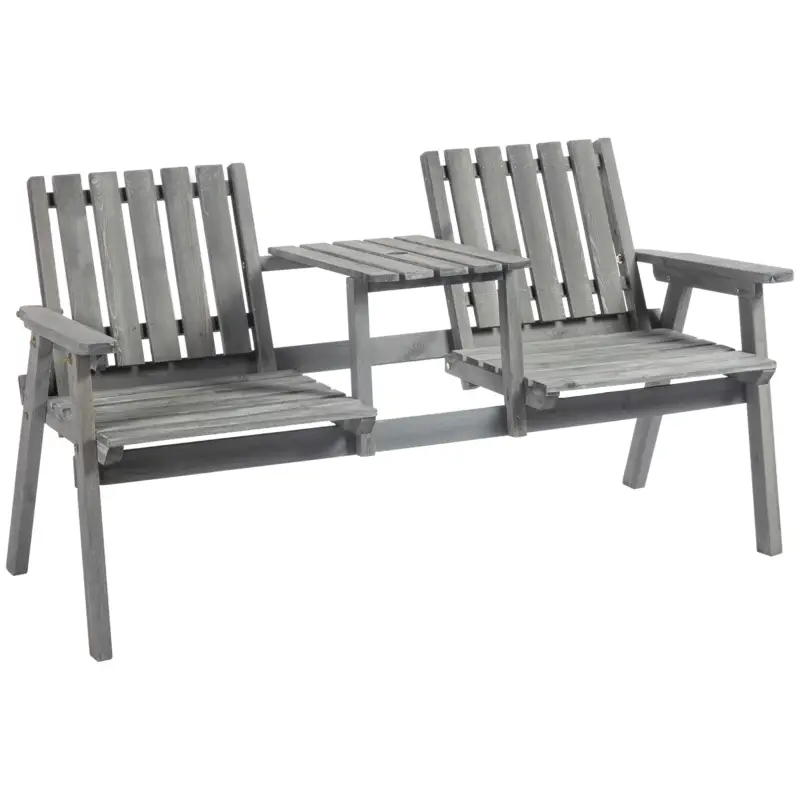 Livrare gratuită Outsunny Bancă de grădină cu masă, Set de scaune, Mobilier de grădină, cu orificiu pentru umbrelă, bancă, 2 scaune, lemn masiv, Gri, 152 x 70 x 83 cm