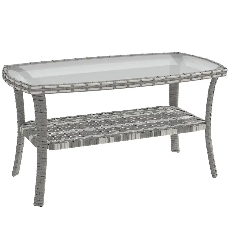 Bestseller Outsunny Masă de grădină exterioară dreptunghiulară din ratan cu raft blat din sticlă securizată cu model ondulat 90x50x45 cm Gri închis
