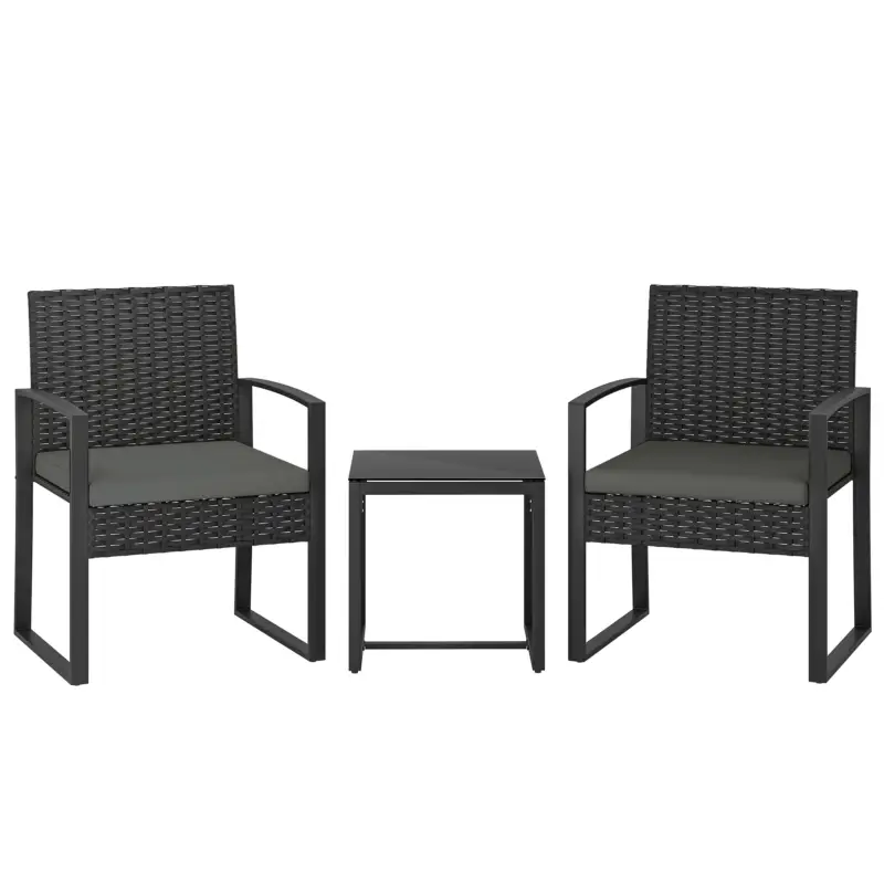 Outsunny Set bistro din rattan, set mobilier de grădină 3 piese cu 2 scaune, masă de cafea, perne detașabile, gri închis Reducere