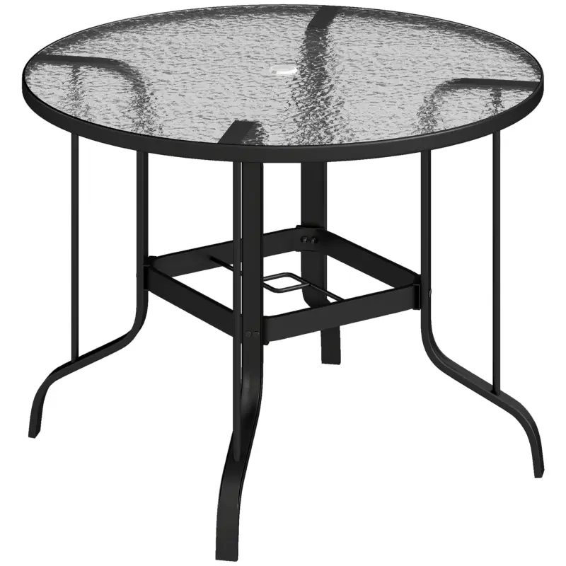 Calitate înaltă Outsunny Masă de Grădină Rotundă cu Orificiu pentru Umbrelă, din Metal și Sticlă Temperată, Ø96,5x71 cm, Neagră