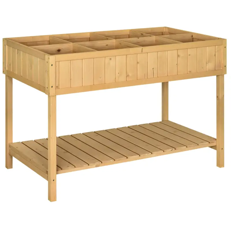 Outsunny Jardiniere pe picioare pătrată Potager cu raft dim. 110L x 46l x 76H cm 8 Compartimente & Insertii de irigare Lemn de Brad Super ofertă