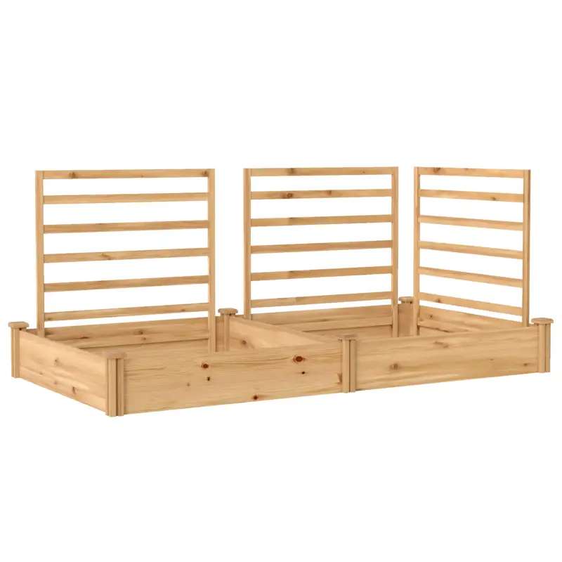 Bestseller Outsunny Pat de grădină înălțat cu spalier Jardiniere din lemn cu 3 spaliere Perete despărțitor Bază deschisă 240 x 125 x 102 cm Lemn natural