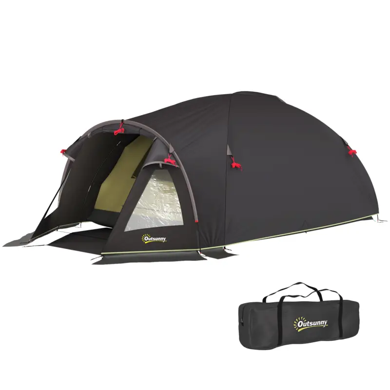 Outsunny Cort de Camping pentru 2-4 Persoane cu 2 Camere, Ușă, Ferestre și Geantă, 330x190x120 cm, Negru Ofertă